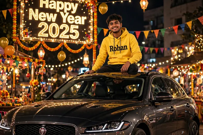 18-year-old Indian boy is sitting on top of a Jaguar car, looking very handsome, happy and relaxed. The boy is wearing a Yellow hoodie with the name