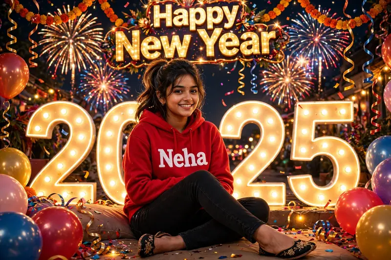 The 18-year- Indian old girl is sitting comfortably in front of large, lit up numbers that spell out 2025, with colorful fireworks and festive