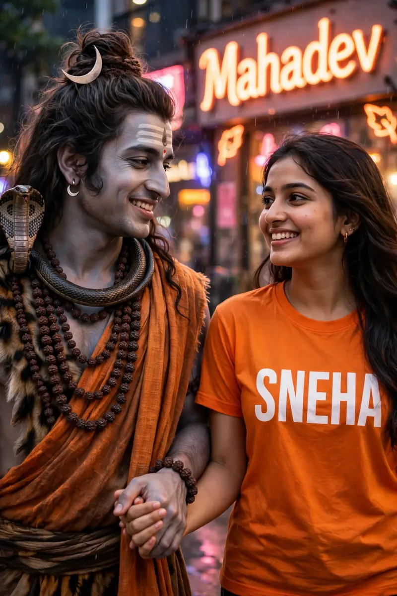 Create an hyper realistic image of 24 year old girl closeup with lord Mahadev holding hand walking with a 24 year old girl wearing a saffron tshirt