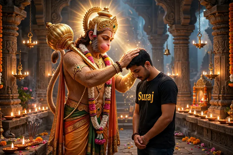 "An Indian boy, aged 22, standing humbly with his head slightly bowed, receiving blessings from a radiant Hanuman Ji. The boy is wearing a T-shirt