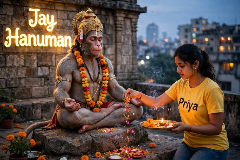 Create a Realistic Picture of LORD HANUMAN is depicted in meditation. Sitting on a Stone. A Realistic 20 year old girl with yallow Tshirt sprinkles
