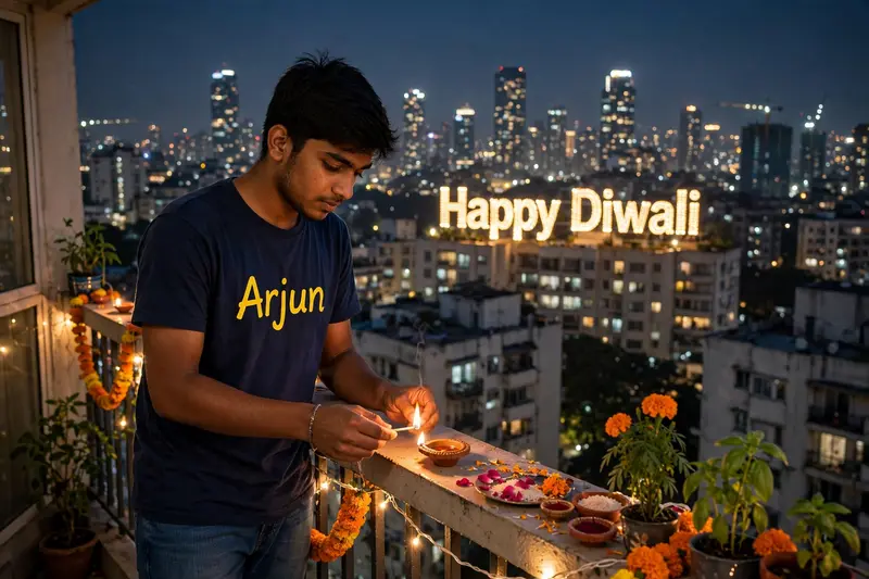 "A realistic image of a 18-year-old Indian boy named Arjun, wearing a navy blue t-shirt with 'Arjun' printed in yellow, and jeans. He's lighting a