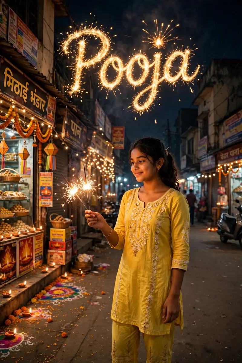 a real 18 year old indian girl with sparklers in her hand standing at the indian street. girl wearing yellow dress and pajama, girl's name "Pooja" is
