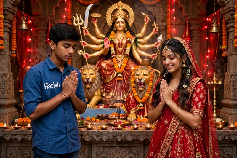 Indian 18 year old indian boy and girl are standing inside the Durga Mata ji temple and both are praying and beautiful Durga Mata is behind both of