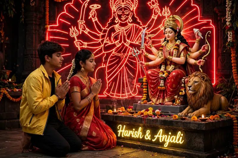 Describe a scene depicting an 18-year-old boy and girl kneeling barefoot, seated in prayer before a Maa Durga idol accompanied by a lion. The setting