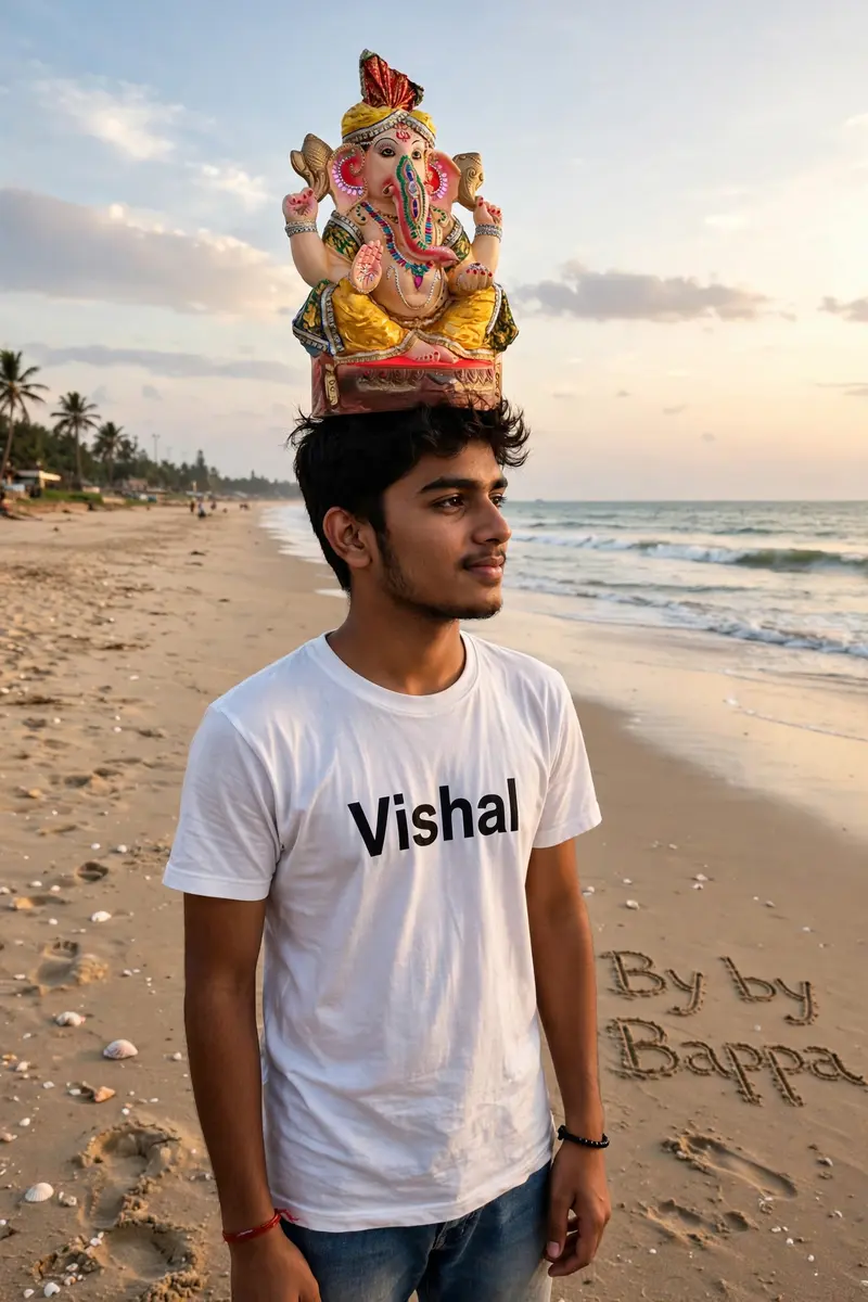 create a picture of 20 year old inidan boy standing at beach carrying lord Ganesh on his head, boy name "Vishal" written on his white t-shirt ,on the