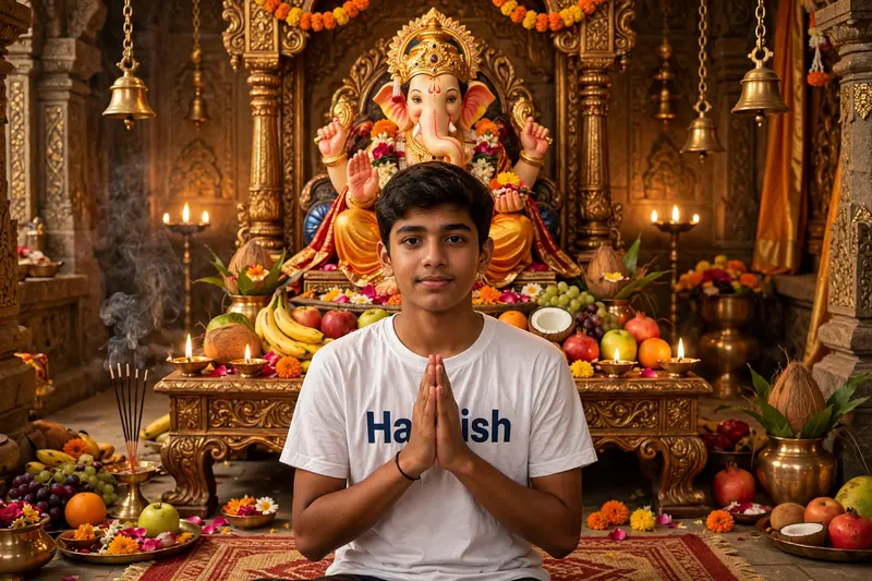18 years old boy sit in front of a beautifully decorated idol of Lord Ganesha, placed in traditional temple setting. The boy has his face to the