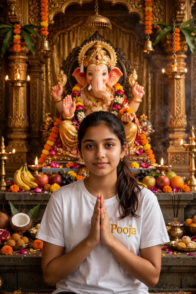 18 years old girl sit in front of a beautifully decorated idol of Lord Ganesha, placed in traditional temple setting. The girl has her face to the