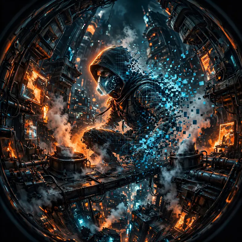 moody dystopian concept art depiction of a hologram thief dissolving into pixels, caught between flickering signs and steam vents. Sodium-orange rim