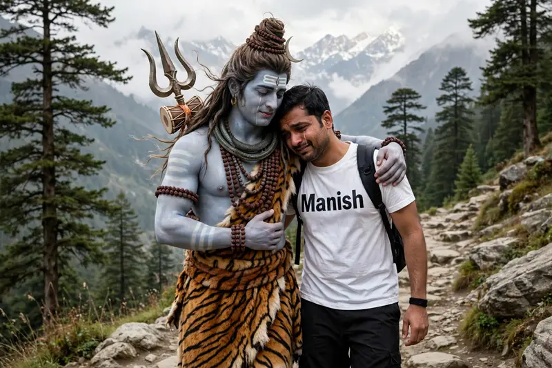 Create a high quality realistic image, lord Shiv and a 30 year old teenage boy hugging are Warking with each other, boy is wearing white t-shirt on