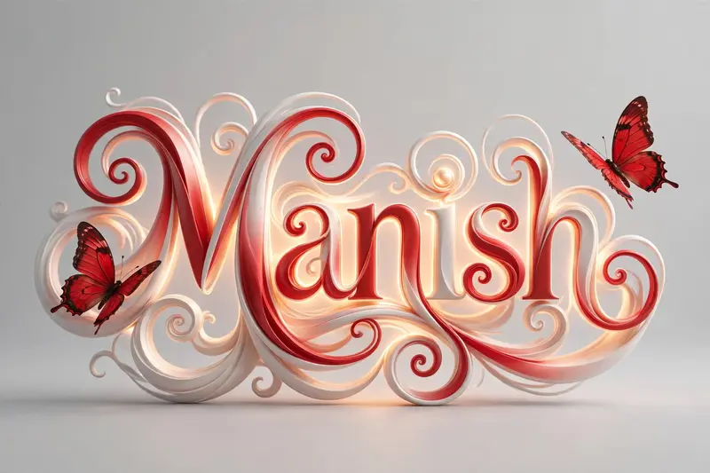 A mesmerizing 3D rendering of the word Manish" displayed prominently in elegant, swirling red and light white lettering. The captivating typography