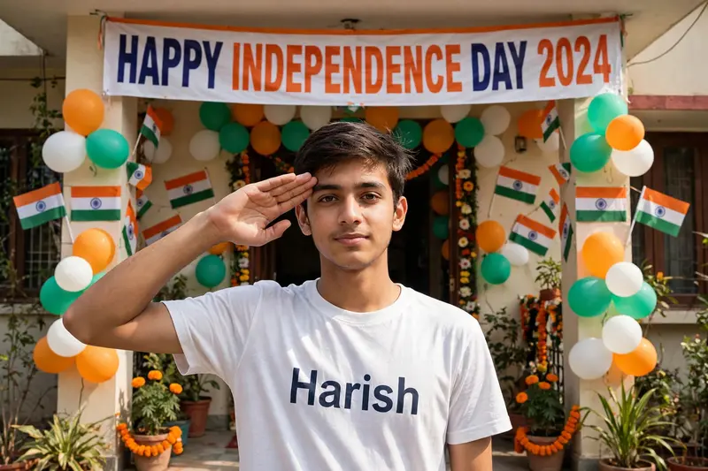 A real 20 year old boy , wearing a white "Harish" T-shirt stands in front of a house decorated with Indian flags and tricolor balloons, saluting for