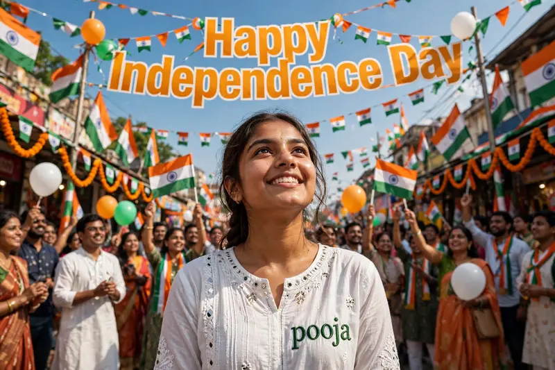 A real 20-year-old girl celebrates Indian Independence Day. she is wearing white kurti outfits with the name "pooja" written on her attire. Above