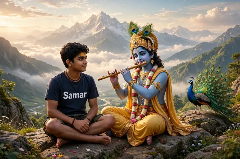 create a 3d image of 20 year old Indian devotional boy who is sitting next to krishna ji and Krishna ji playing the flute, they both sit together on
