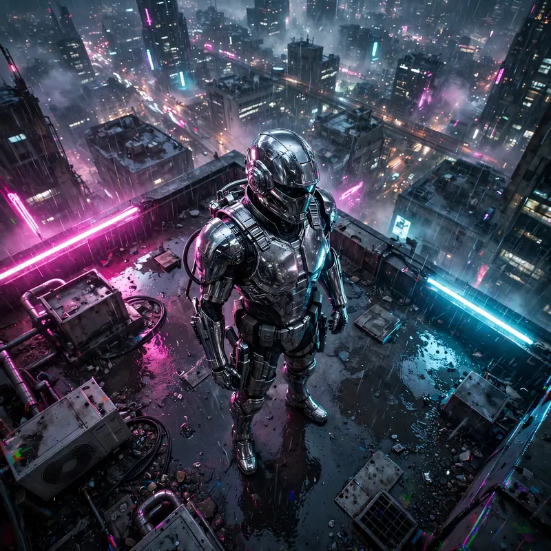 Moody cinematic cyberpunk realism scene: a chrome-plated bounty hunter on a rain-slick rooftop, the city humming behind them. Harsh magenta and cyan