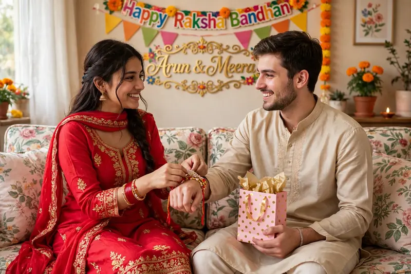A lifelike image of a 22-year-old brother and 18-year-old sister sitting on a floral patterned sofa. The sister, wearing a bright red salwar kameez
