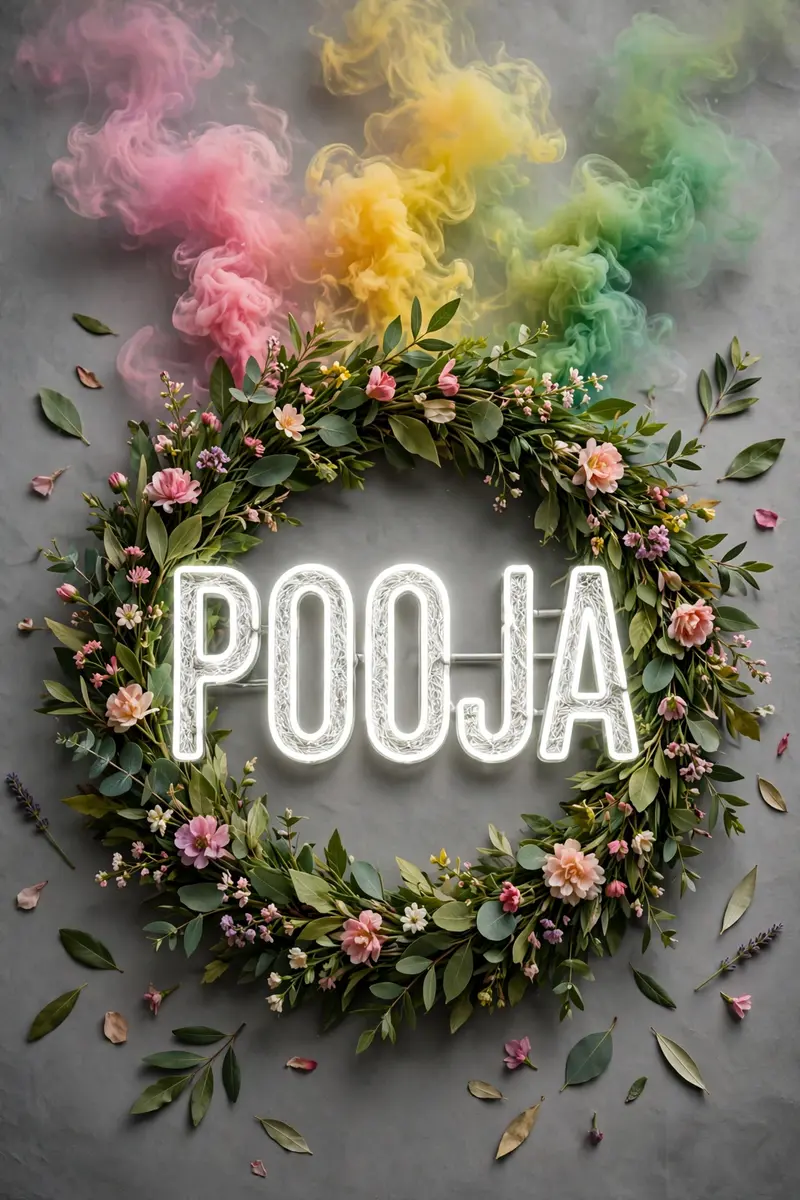A decorative wreath made of vibrant green leaves and flowers encircles the word POOJA in textured white bold neon letters. Above the wreath, colorful