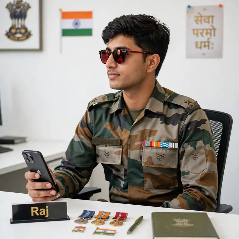 a reality beautiful profile pic 20 year boy Indian Army uniform with dark Red sunglasses wearing i phone & in A chair office sitting white table with