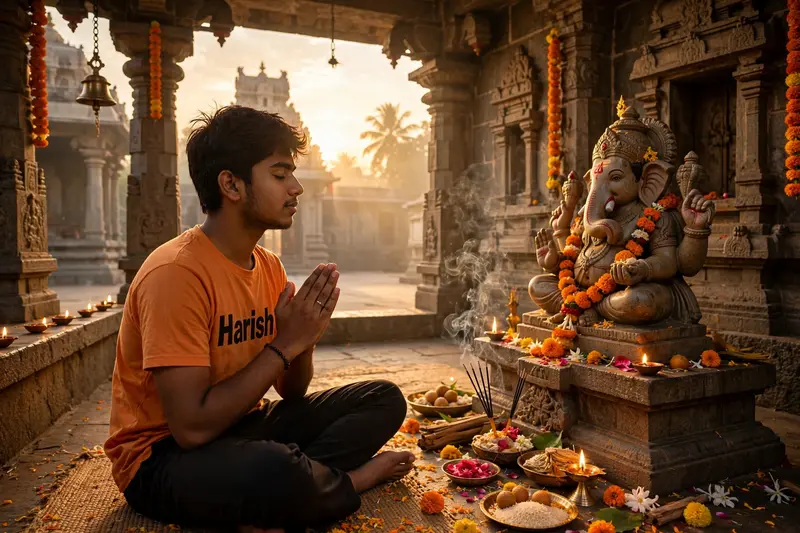 create realistic high quality image where a 20 year old Indian boy sitting & praying ahead to Ganesh ji, boy wearing saffron t-shirts on which name
