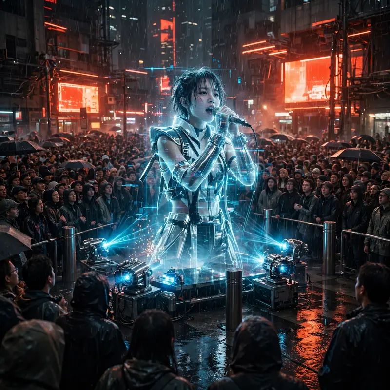 a hologram idol performing to a packed plaza rendered in blade-runner-inspired cinematic style, chrome glinting under the downpour. Electric