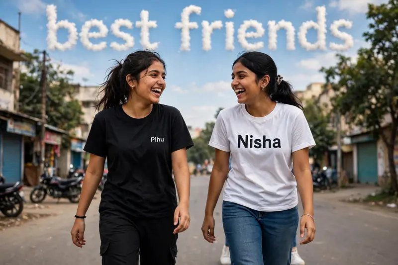 18 years old two indian Girls walking on road, they are talking each other with laughing, first girl is wearing black T-shirt, with black pant, with