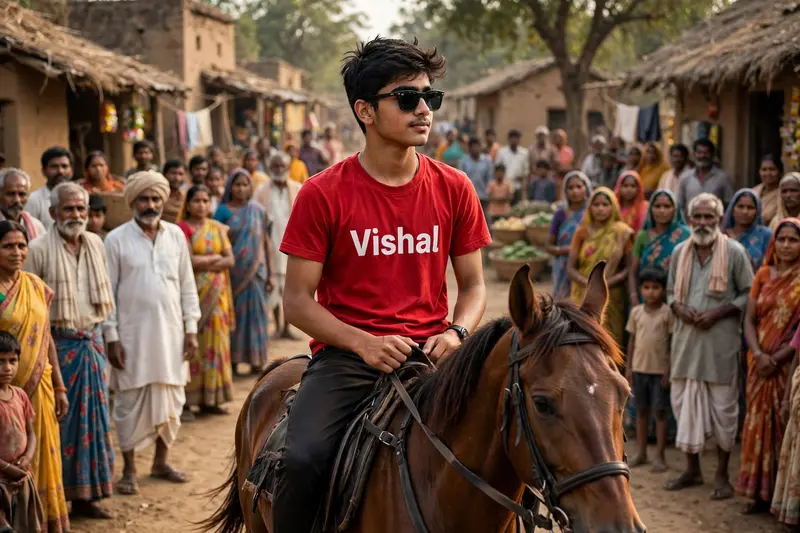 create realistic image of a 18 year old indian boy, riding a horse, background is full of villagers watching the boy, boy wearing black stylish