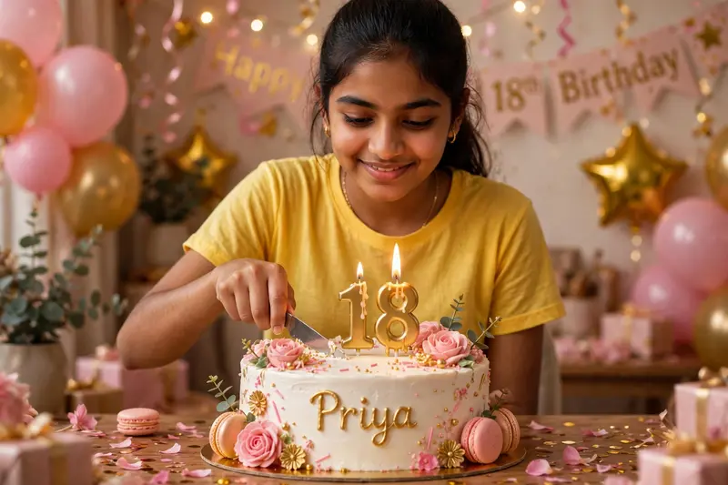 Create a 3d image in which a Indian teenager girl cutting Cake wearing yellow color top with Name "Priya" is written clearly on the Cake and 18 year