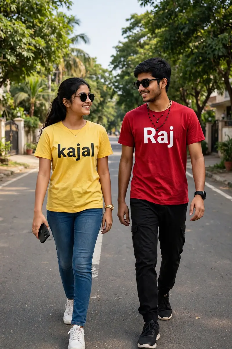 Create a realistic full image of 18 year old indian beutiful girl and handsome boy, both are walking on a beautiful road, boy wearing red tshirt