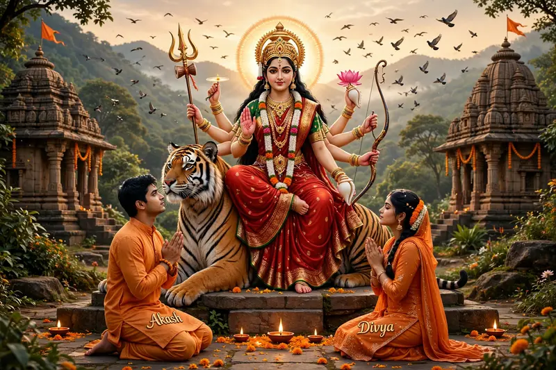 3D illustration of realistic Maa Durga sitting on her tiger, with a young couple, both 20 years old, barefoot, praying to her. They're dressed in