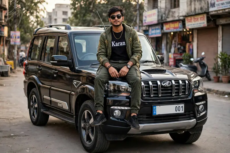 Create realistic photo of a 21 year old indian boy wearing sunglasses, boy is wearing fancy and good looking clocthes, on his t-shirt "Karan" name is