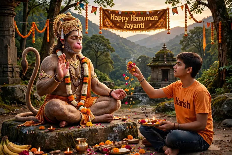 Create a Realistic High Quality image of LORD HANUMAN is depicted in meditation . Sitting on a Stone. A Realistic 18 year old boy Wearing Saffron