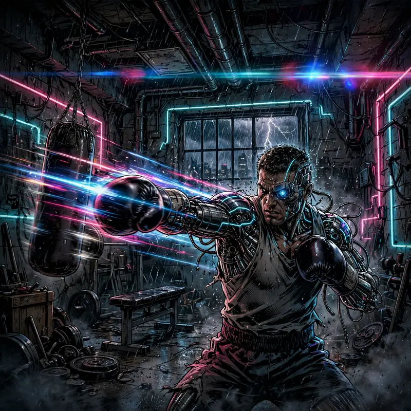 High-octane neon-drenched comic art style artwork of a bionic boxer training in a basement gym, motion frozen amid the storm. Low-key chiaroscuro