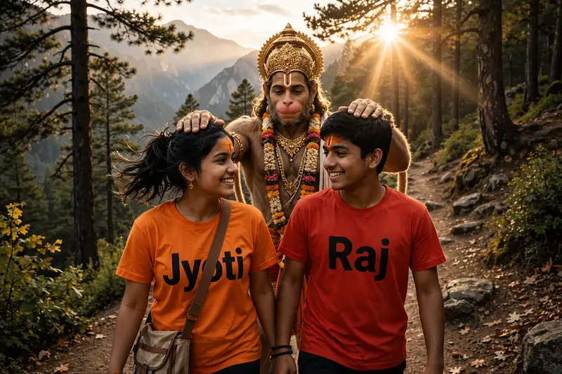 18 years old couple walking and hanuman coming after them and hanuman's hand putting on both head on mountains. Both are smiling. girl is wearing