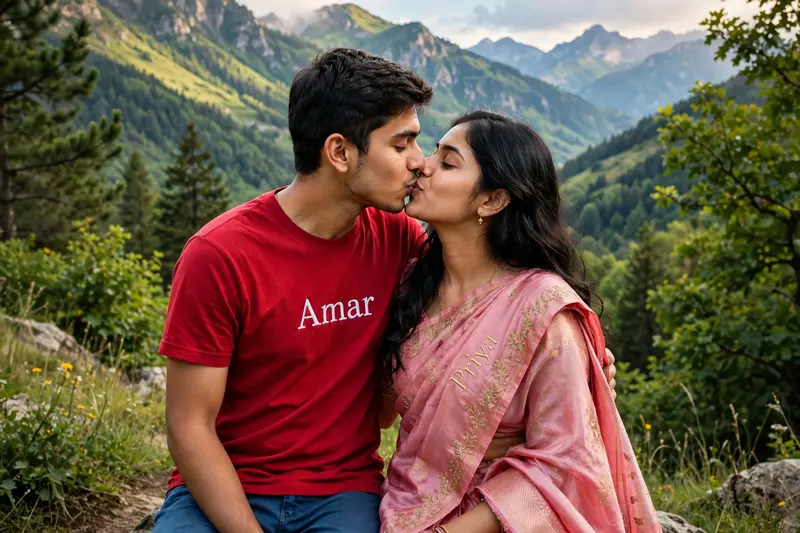 Create 3D realistic photo of a 20 year old couple, they are kissing, romantic scene, backgropund beautiful mountains with greenery around. Boy is