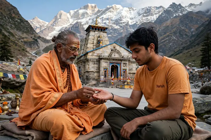 create a realistic high quality image of a 20-year-old boy sits opposite a wise pandit. Pandit ji holds hand of boy & examines the lines on the boy's