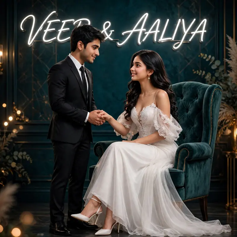 Craft a glamorous 3D profile picture depicting a young Indian couple, VEER (around 20 years old) and AALIYA (around 19 years old), radiating