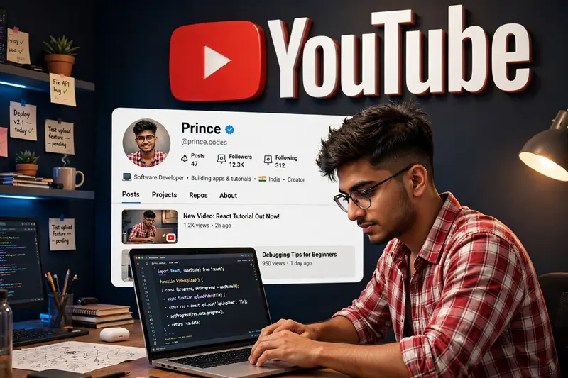 Create a 3D illustration featuring a realistic 25-year-old beautiful Indian realistic boy busy Developing software in front of a 3D logo of “ YouTube