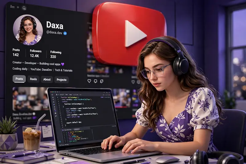 Create a 3D illustration featuring a realistic 20-year-old beautiful girl busy Developing software in front of a 3D logo of “YouTube” The girl