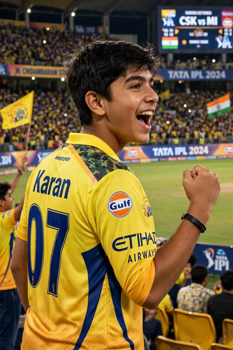 Create a 3D High quality realistic image of a 16 year old boy who is watching IPL in stadium and wearing CSK jersey "07" is written on it, and