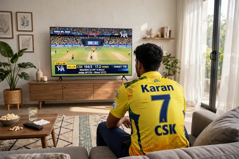 In a spacious, tastefully decorated living room, a lifelike scene unfolds. A young man, approximately 21 years old, engrossed in an IPL match, sits
