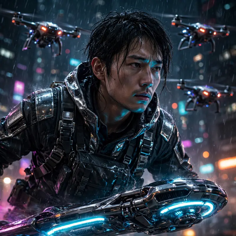 sci-fi concept art portrait of a courier on a hoverboard outrunning drones, half-lit by the city's glow. Dramatic underlighting from street signs