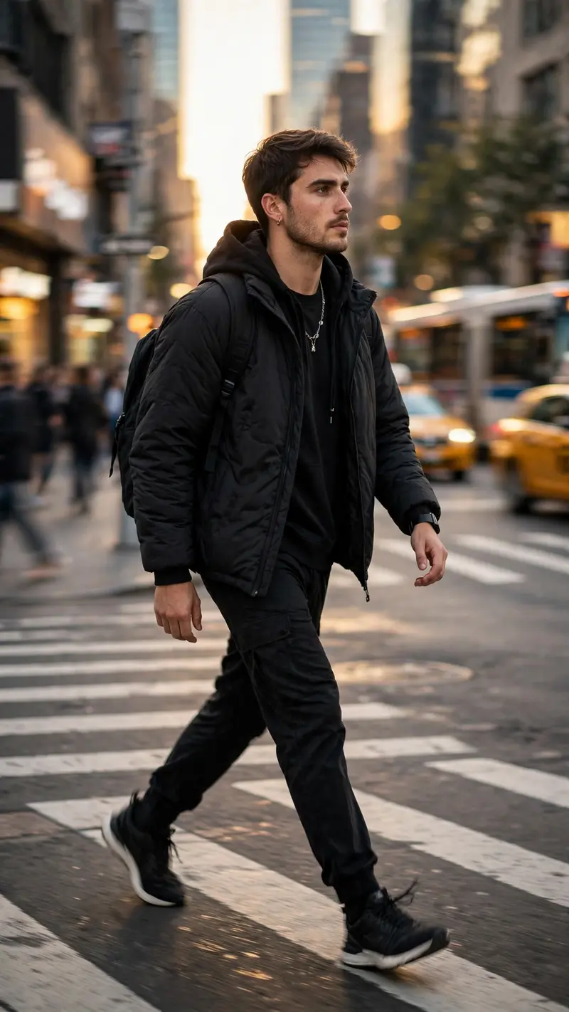 Reference my uploaded photo for my exact face, skin tone, and features. Nothing about my identity should change. Capture me mid-stride crossing a