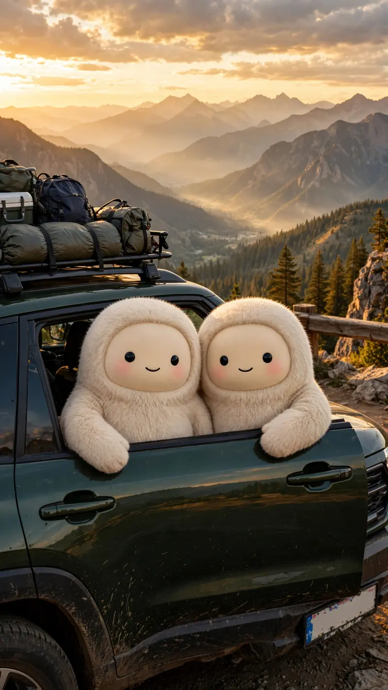Reference my uploaded photo for the exact faces, skin tones, and features. Nothing about identities should change. Show us leaning on our car at a