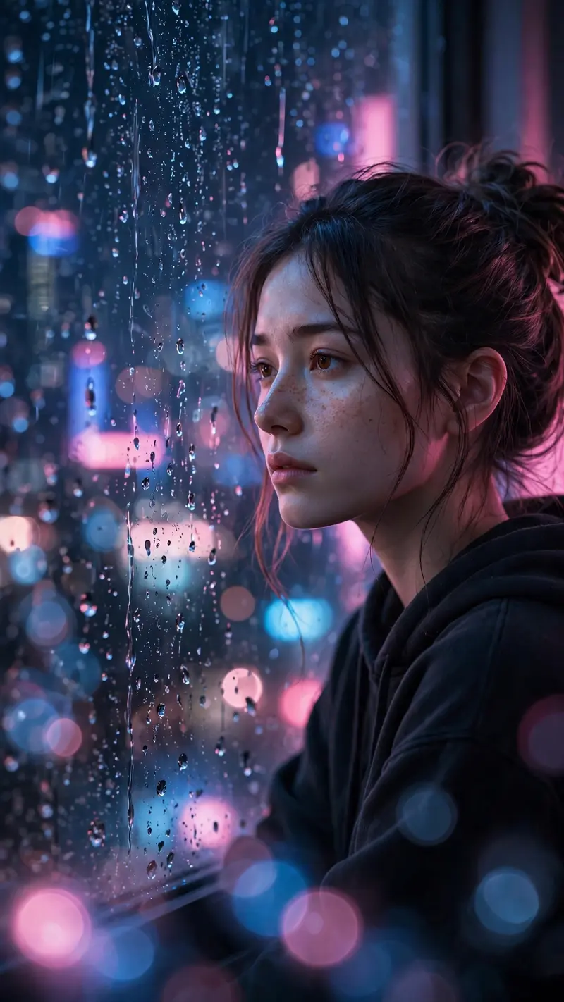 Create a vertical 9:16 moody portrait of a young woman sitting by a rainy window at night. Neon city reflections glowing on the wet glass, soft