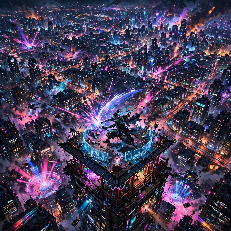 Sweeping dark tech-noir illustration vista featuring a cyber-dojo master mid-duel against the endless megacity. Strobing club-light bursts drown the