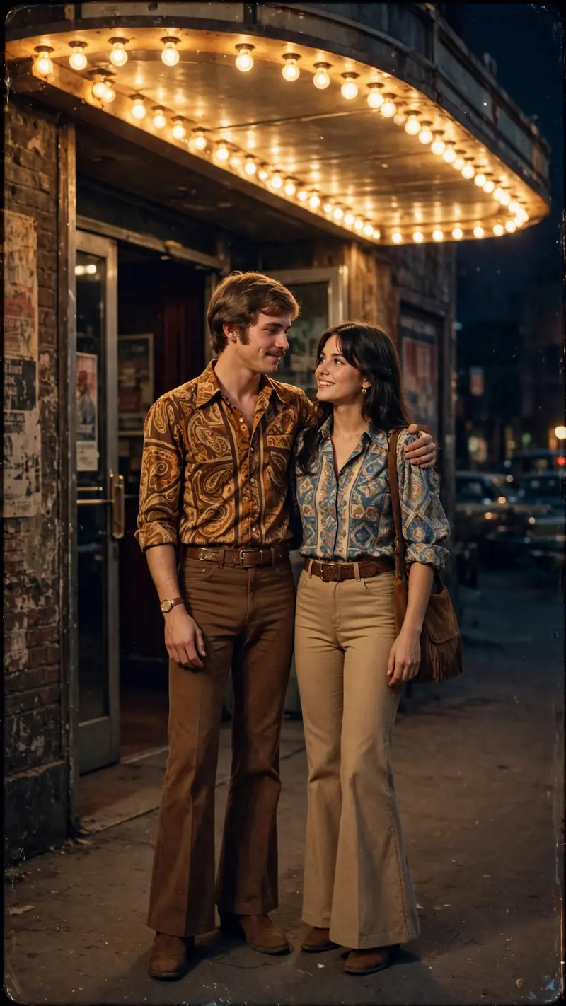 Create a vertical 9:16 vintage film still of a young couple standing at the entrance of an old 1970s cinema. Retro fashion with flared trousers and
