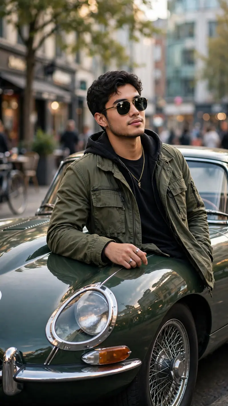 Create a vertical 9:16 portrait of a stylish young man leaning against a vintage classic car on a city street in soft daylight. Confident relaxed