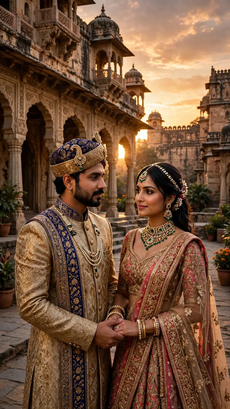 Transform into a royal pre-wedding shoot: Indian couple in traditional royal outfits standing before an ancient palace at sunset, dramatic