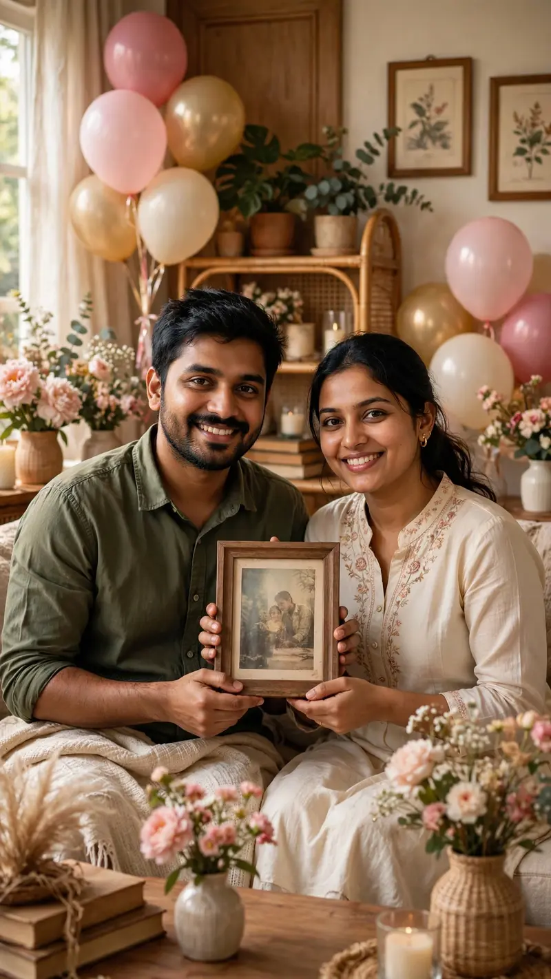 Restyle this couple photo: we are holding a framed photo together in a cozy living room decorated with balloons and flowers, warm smiles. , Indian