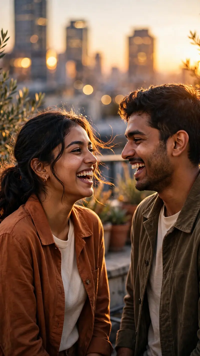 Create a vertical 9:16 portrait of a young South Asian couple laughing candidly together on a city rooftop at sunset. Warm golden hour light on their